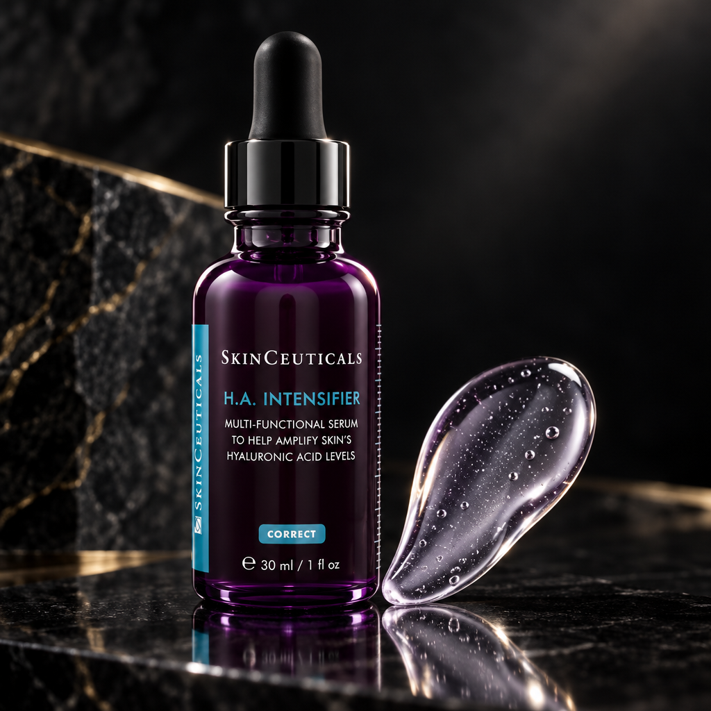 SkinCeuticals H.A. Intensifier dark luxury background with serum texture
