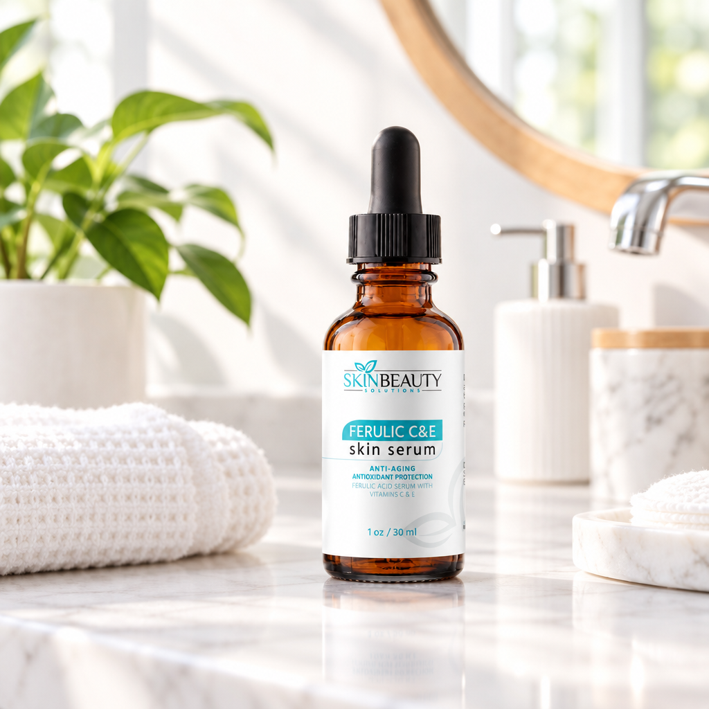 SkinBeauty Solutions Ferulic C&E Serum lifestyle bathroom shot