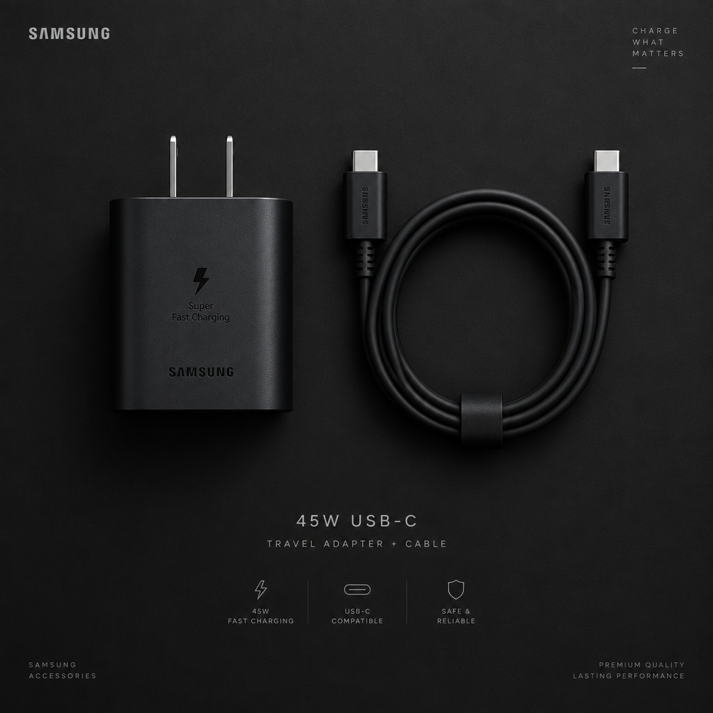 Samsung 45W Charger Flat Lay