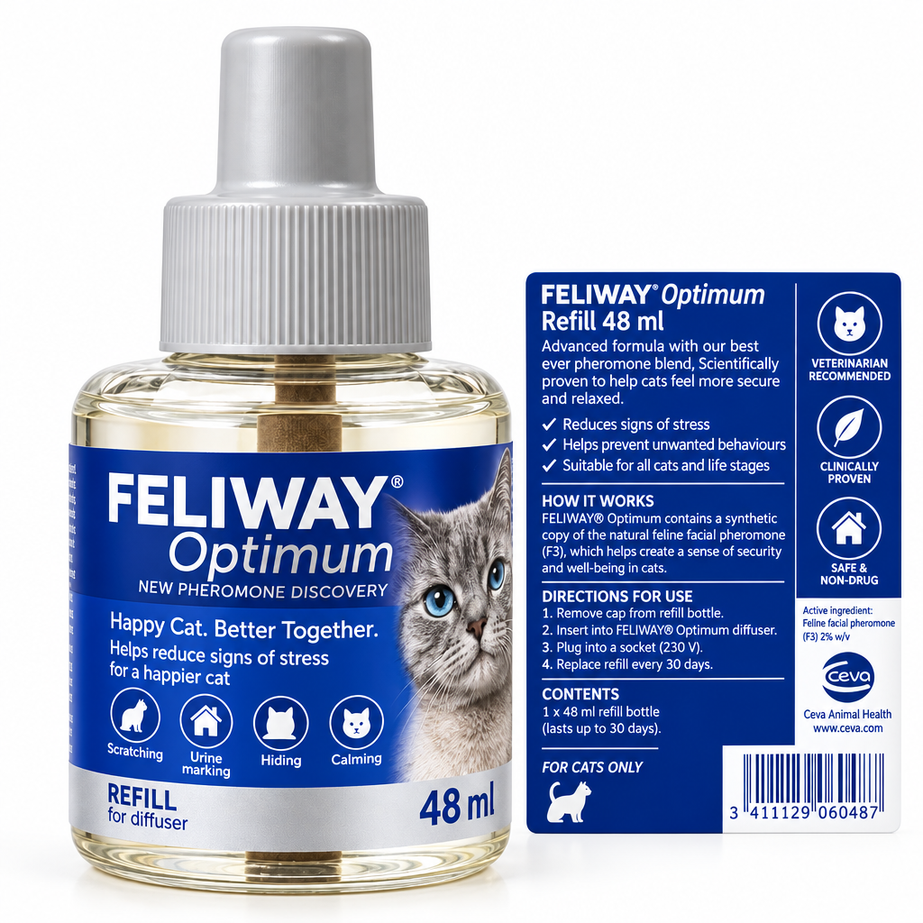Feliway Optimum 48ml blue bottle with info card, white background