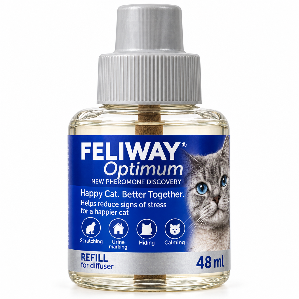 Feliway Optimum 48ml bottle label close-up showing Happy Cat tagline