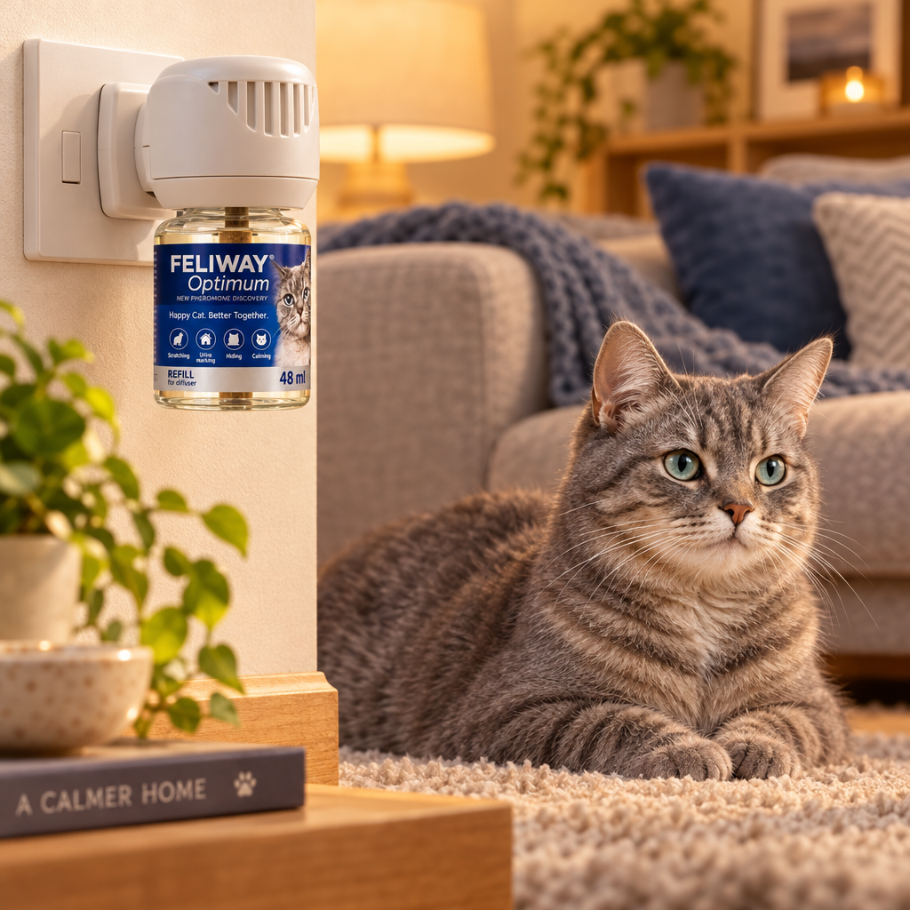 Feliway Optimum diffuser in wall socket with calm cat nearby