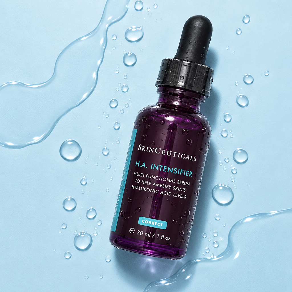 SkinCeuticals H.A. Intensifier flat lay on light blue surface