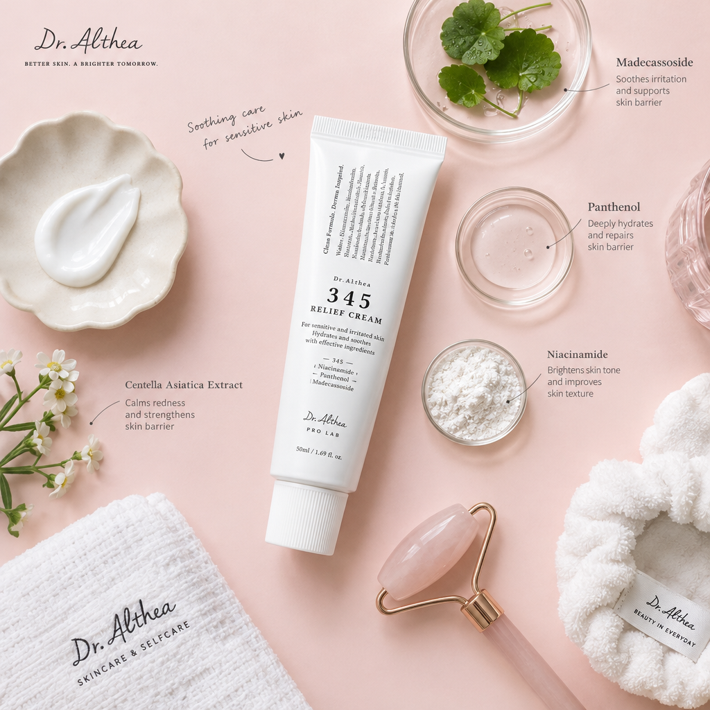 Dr.Althea 345 Relief Cream flatlay with skincare accessories