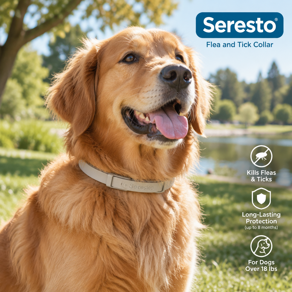 Golden retriever wearing Seresto collar outdoors