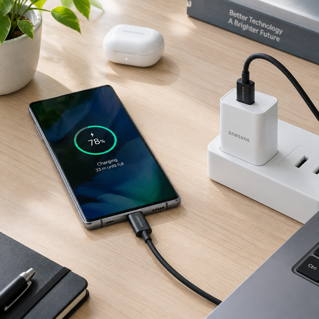 Samsung USB-C cable charging a Galaxy phone