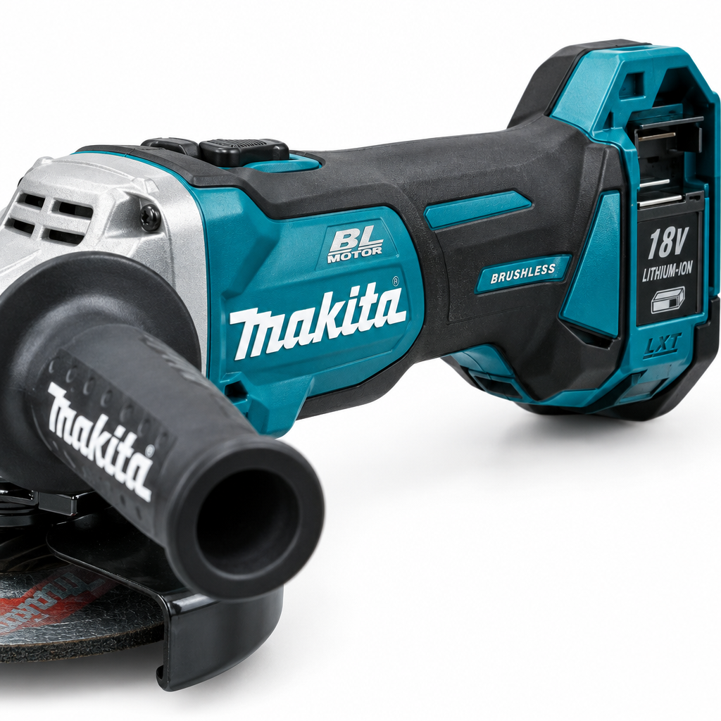 Makita DGA404 18V 100mm Brushless Angle Grinder – Logo & Detail Close-Up