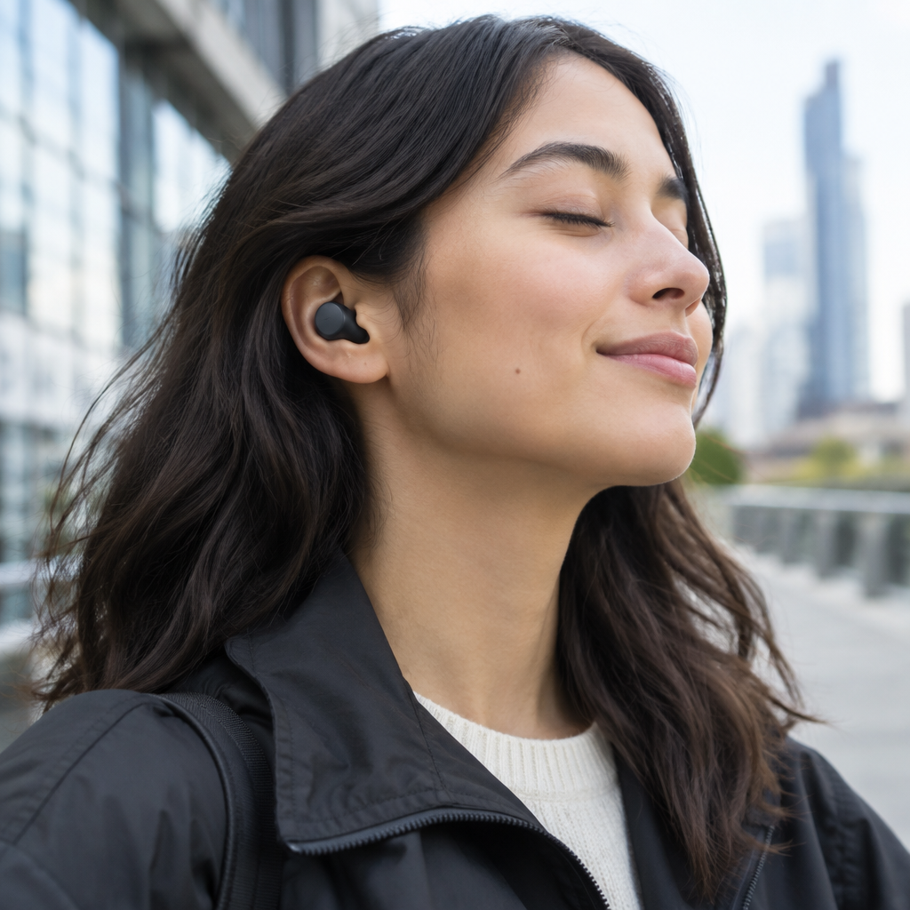 Samsung Galaxy Buds FE worn lifestyle shot