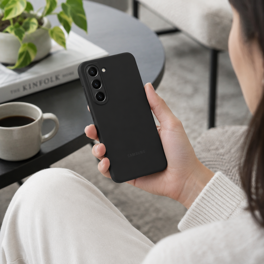 Samsung Galaxy S24 in black silicone case lifestyle