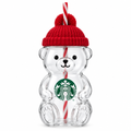 Starbucks 2026 Bearista Bear Glass Cold Cup – Red Beanie Hat Lid Front View