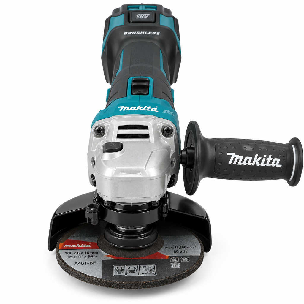 Makita DGA404 18V 100mm Brushless Angle Grinder – Front View