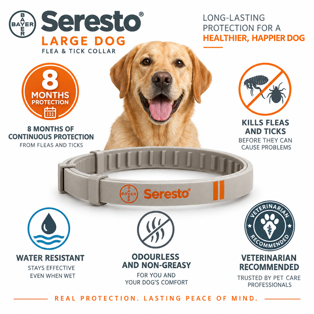 Seresto Large Dog collar infographic - 8 months protection