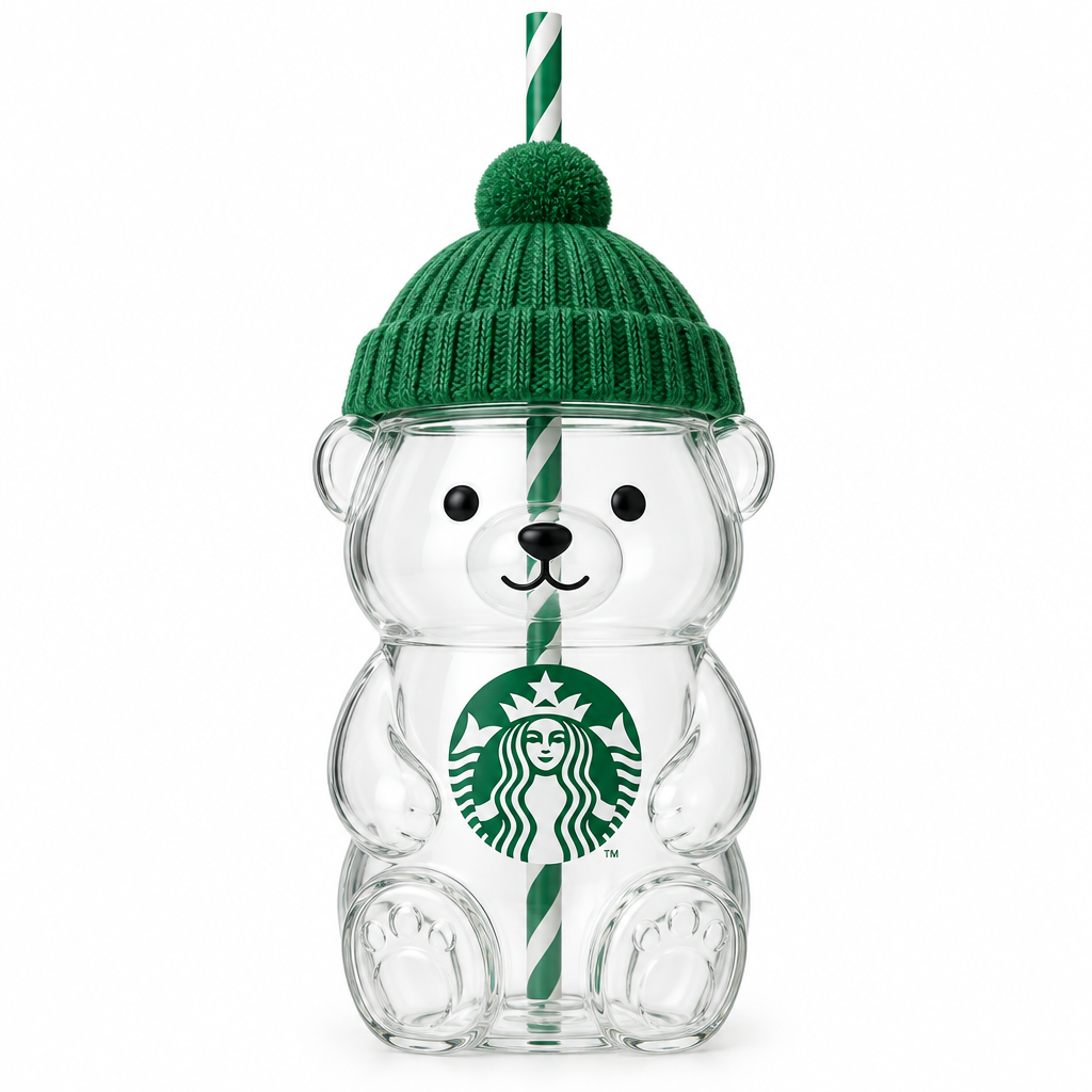 Starbucks 2026 Bearista Bear Glass Cold Cup – Green Beanie Hat Lid Front View
