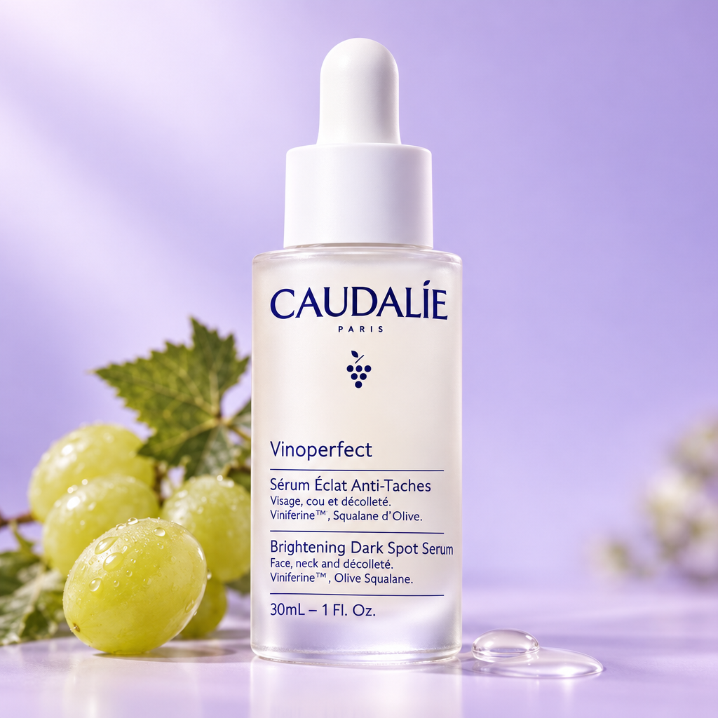 Caudalie Vinoperfect bottle on purple gradient background