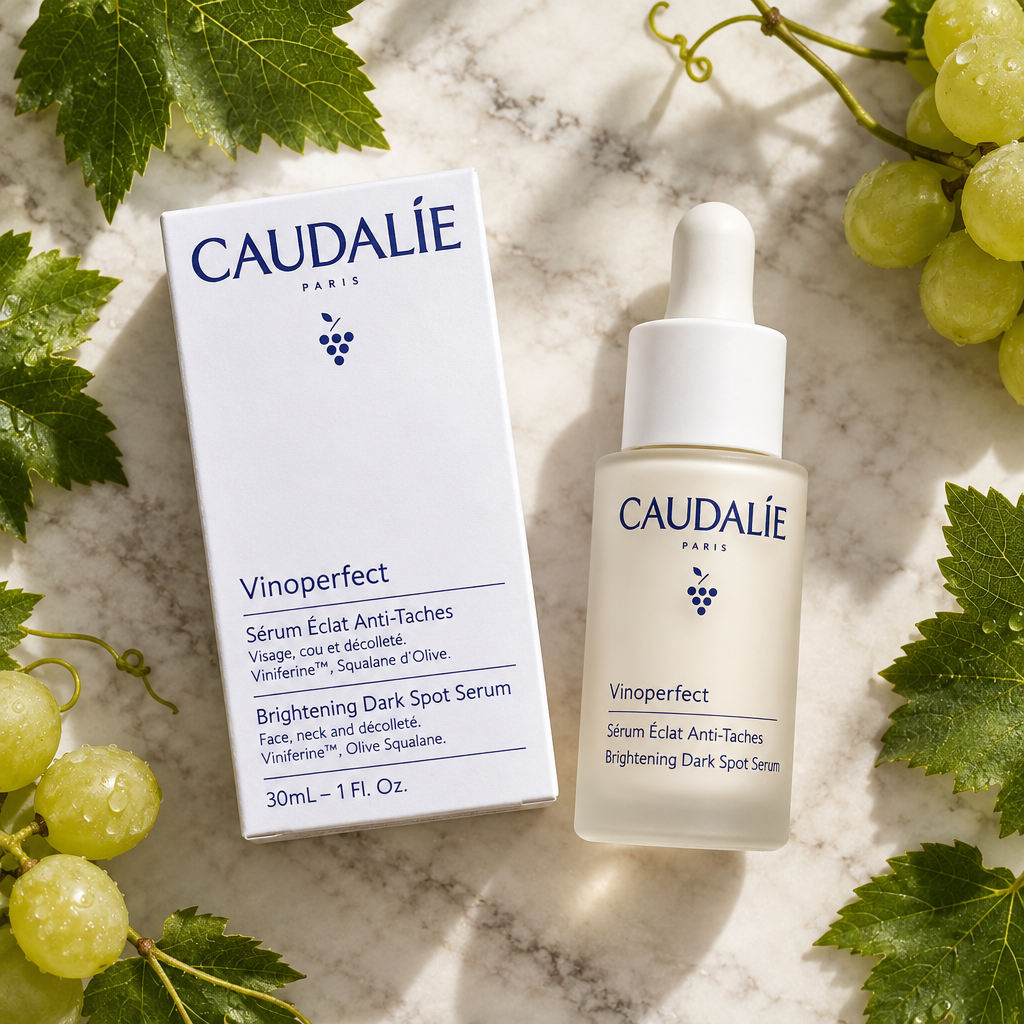 Caudalie Vinoperfect flat lay with grape leaves on marble