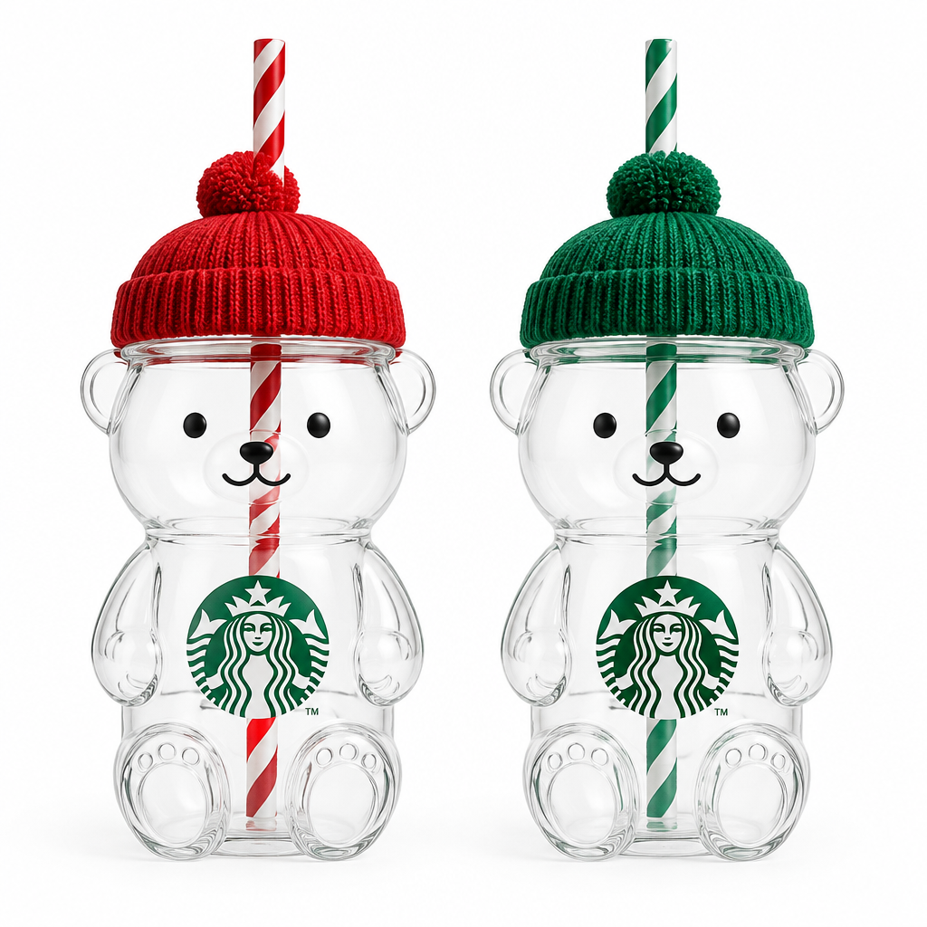 Starbucks 2026 Bearista Bear Glass Cold Cup – Both Lids & Straws Flat Lay