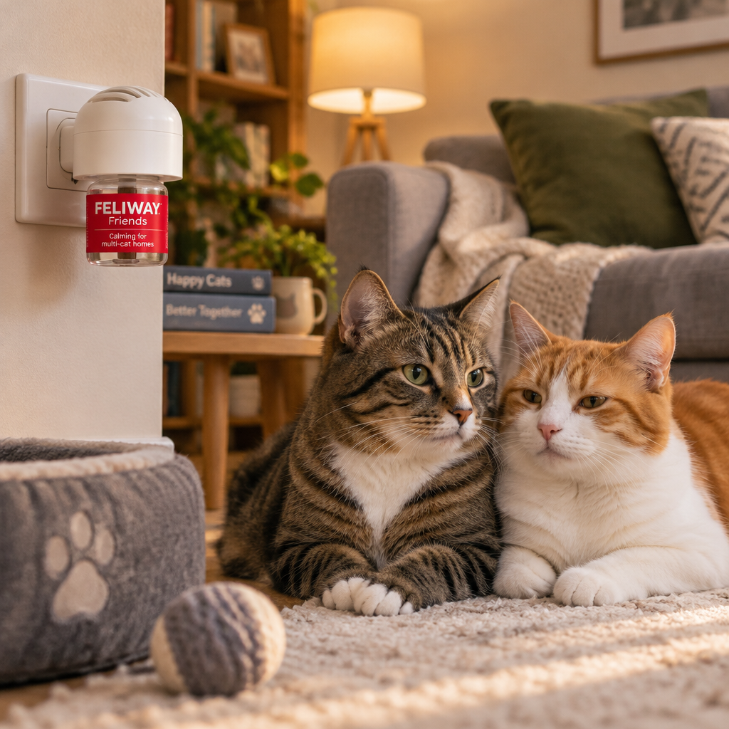 FELIWAY Friends diffuser in wall with two peaceful cats