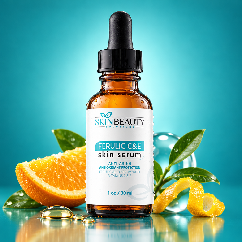 SkinBeauty Solutions Ferulic C&E Serum on teal gradient
