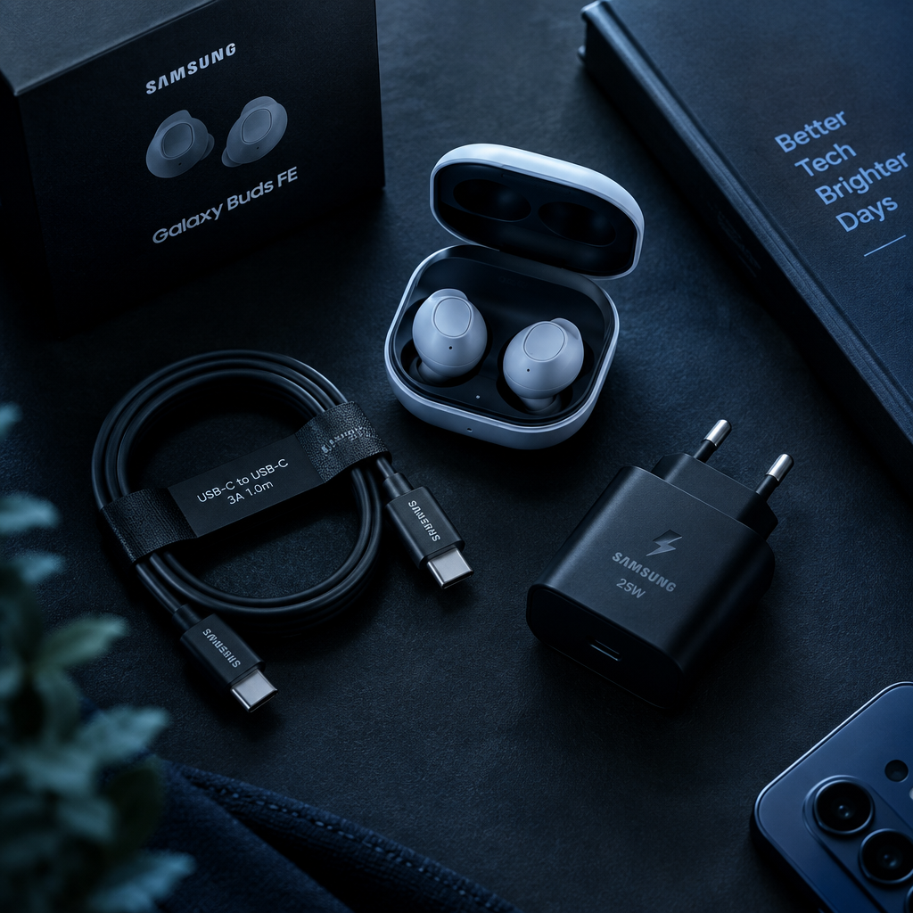 Samsung USB-C cable with Galaxy Buds FE and charger