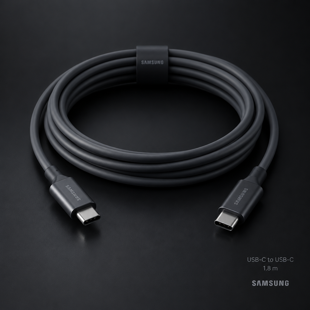 Samsung USB-C to USB-C cable coiled on dark background