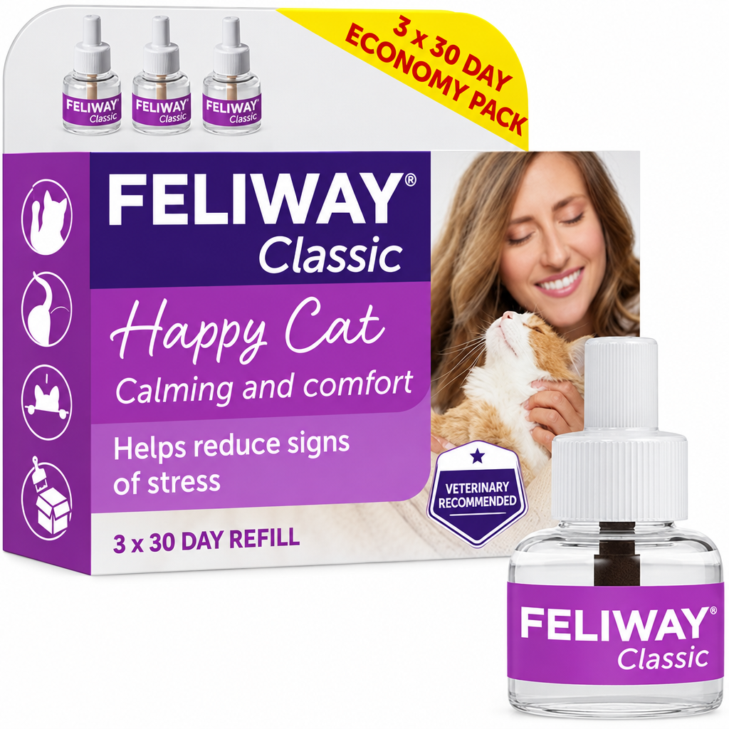 FELIWAY Classic 3 pack purple box with white refill bottle - product shot