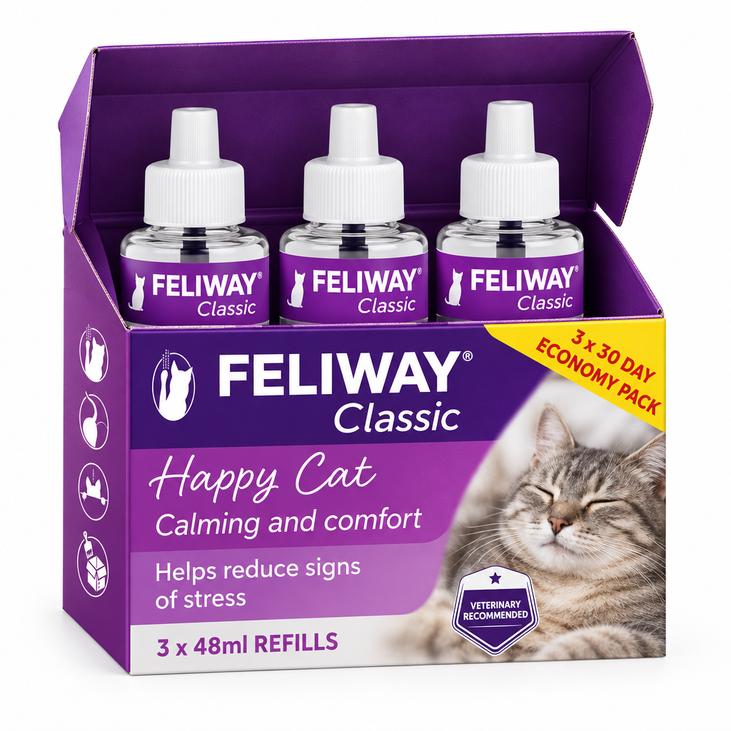 FELIWAY Classic 3 pack box opened showing three white refill bottles