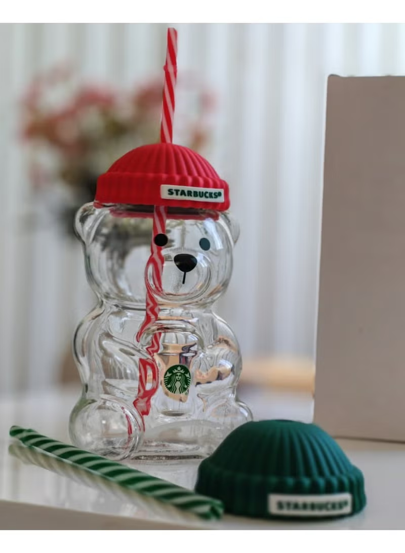 Starbucks 2026 Bearista Bear Glass Cold Cup – Red & Green Beanie Hat Lids with Striped Straws