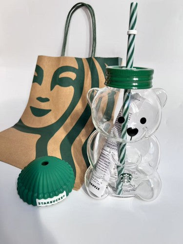 Starbucks Bear Shape Glass Cold Cup Tumbler with Green Lid, Straw and Gift Bag